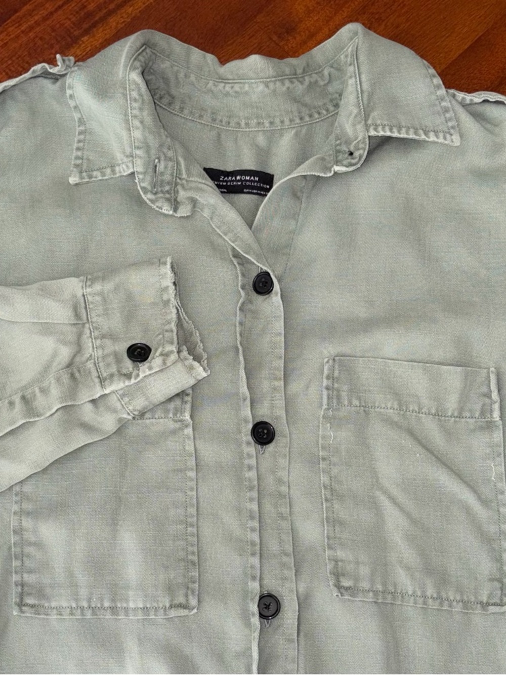 Zara Olive Green‎ Premium Denim Long Sleeve Raw Hem Button Up Shirt
